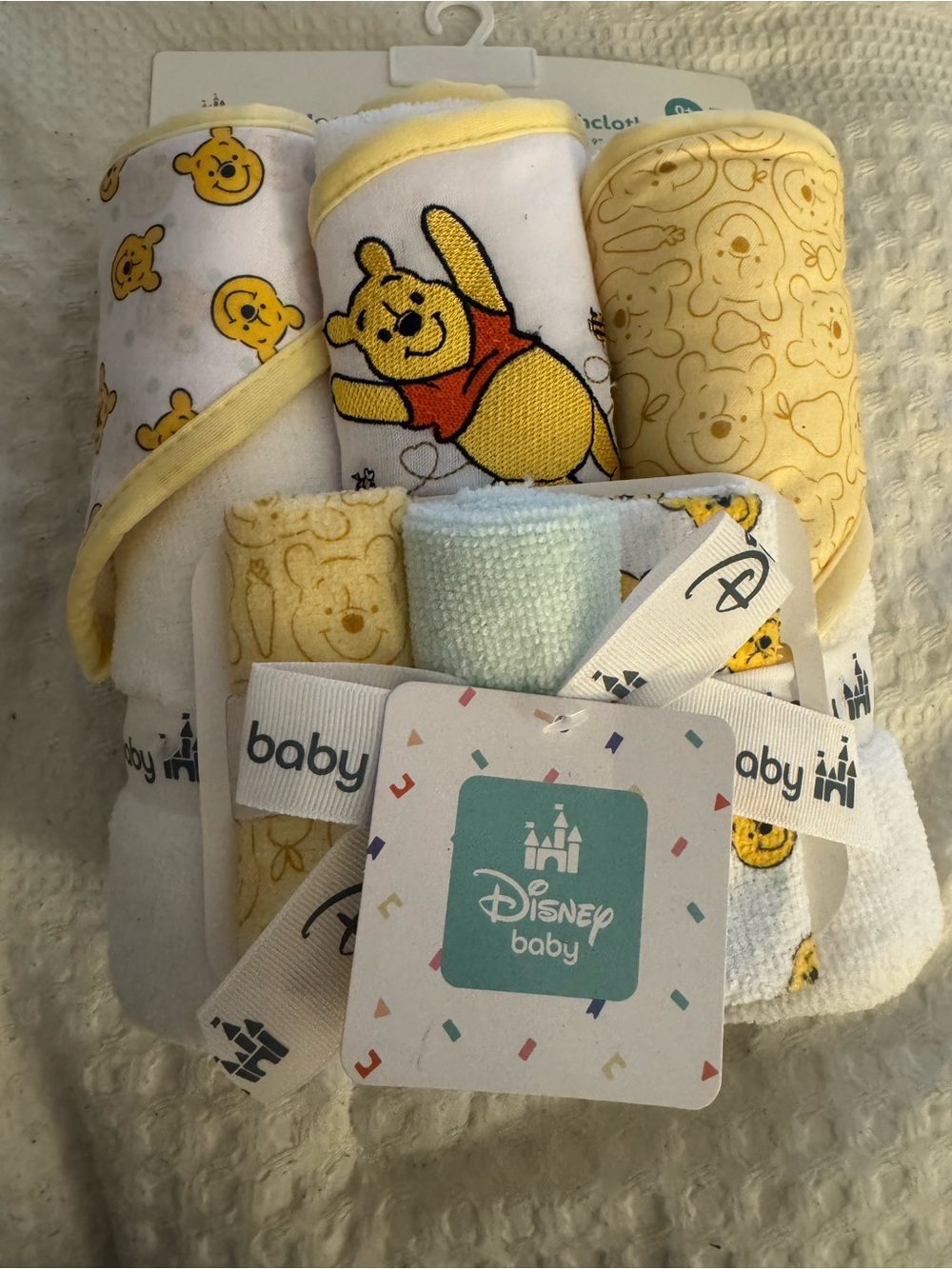 Disney Baby Winnie the Pooh Yellow White Bath Washcloth & Towel Set
